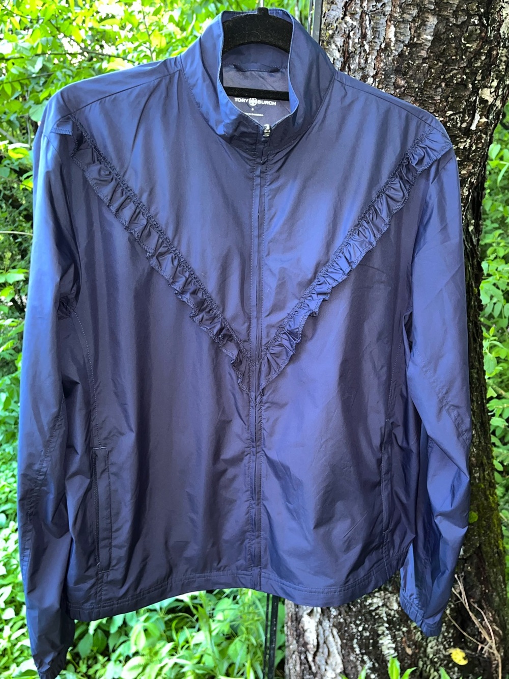 Tory Burch Navy Blue Lightweight Ruffle Zip Jacket - Small